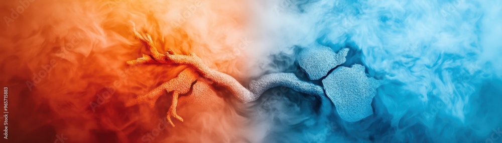 Poster a striking contrast of orange and blue smoke blending together, symbolizing unity and duality in a v