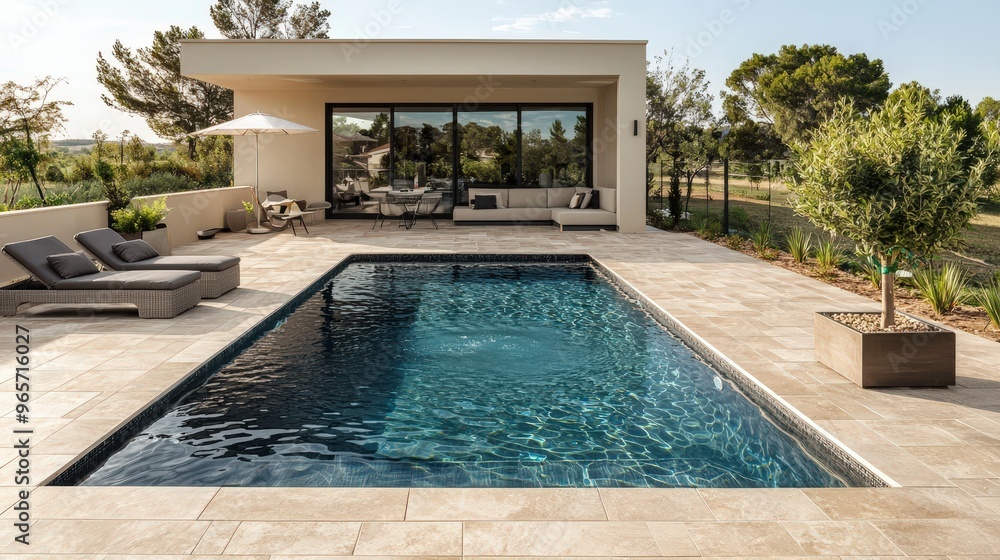 Poster a sleek rectangular pool situated in a modern backyard, featuring a relaxing lounge area with sunbed