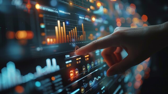 A person interacts with a digital data visualization display showcasing analytics trends and statistics in a tech environment