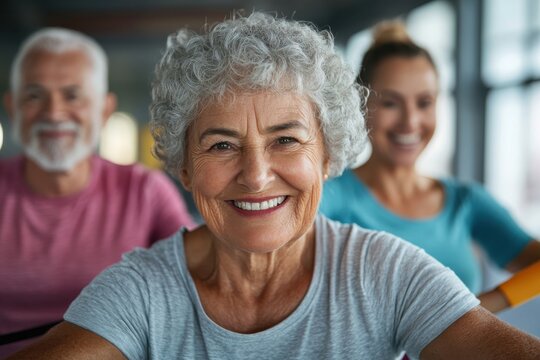 A smiling elderly woman with curly hair is happily posing with friends at a fitness center, reflecting the joy of an active lifestyle and sociable engagement.