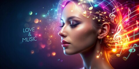 Young woman with graceful profile surrounded by musical notes and glowing lights, expressing love and music