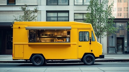Bright yellow food truck with open serving window on a busy street in the city