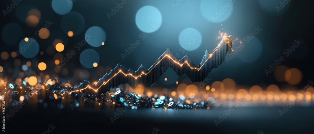 Poster Dynamic growth chart illustration with glowing elements and abstract bokeh background, symbolizing success and financial progress.
