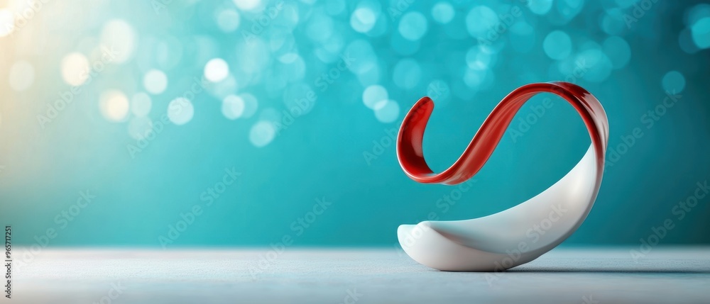 Poster elegant abstract shape with red ribbon on a soft blue background, perfect for modern design and arti
