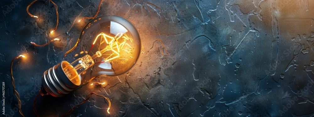 Aufkleber lit lightbulb with string lights on dark textured background