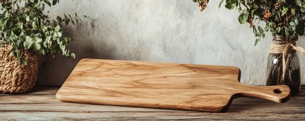 Elegant wooden cutting board displayed with greenery, perfect for rustic kitchen decor and food preparation.