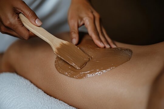 A spa therapist is applying a layer of brown mud body scrub on a client's back using a wooden spatula for a relaxing and rejuvenating treatment session.