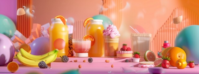 Fototapeta premium Colorful drinks and fruits in playful still life composition