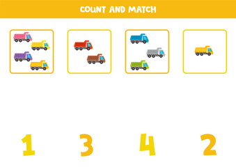 Counting game for kids. Count all colourful trucks and match with numbers. Worksheet for children.