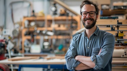 Obraz premium Confident Startup Founder Showcases Innovative Prototype in Tech Workshop