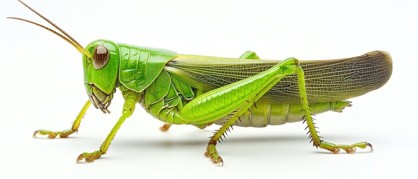 Close-up of a vibrant green grasshopper on white background showing intricate insect details.