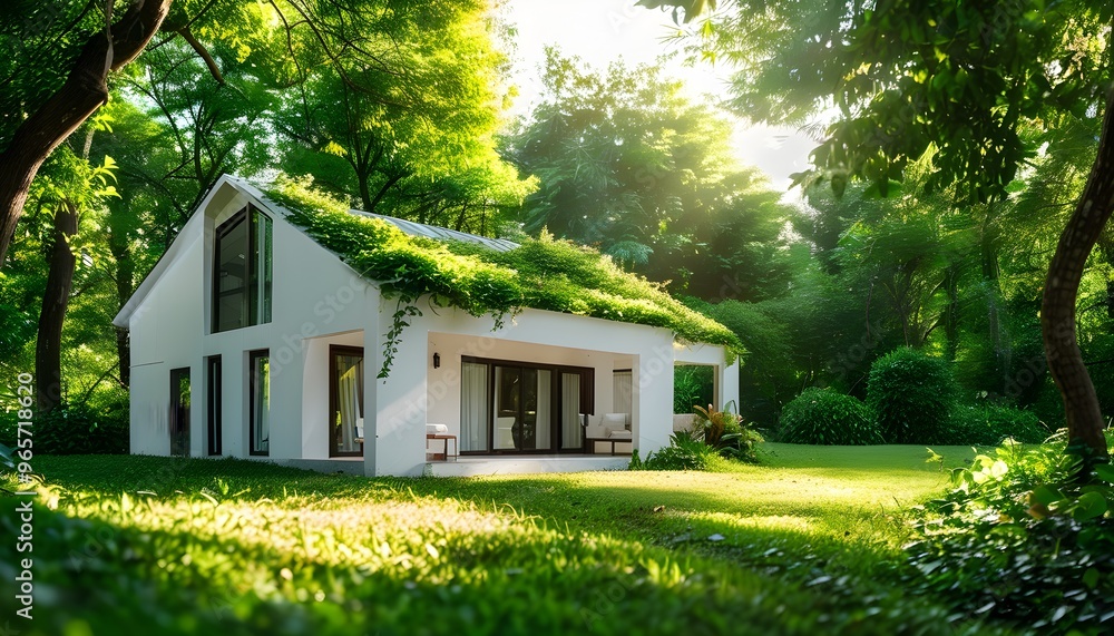 Wall mural charming white house nestled in vibrant greenery illuminated by bright sunbeams