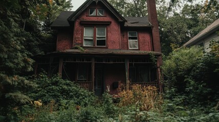 Creepy haunted house with broken windows and overgrown plants