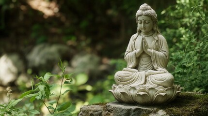 Obraz premium A serene religious sculpture in a natural setting, symbolizing peace and spirituality.