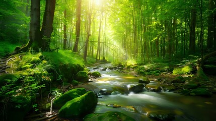 Obraz premium Vibrant green forest canopy with dappled sunlight filtering through the leaves, creating a serene atmosphere.