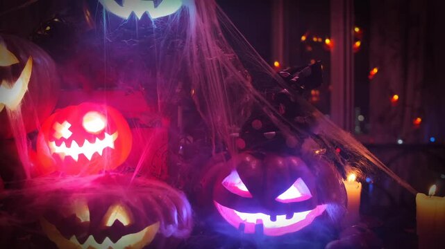 Large pile of  traditional glowing Halloween lanterns carved pumpkins in a cobweb is decoration for the yard of a house, holiday party background.