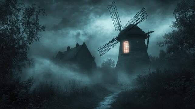 A creepy old windmill with glowing windows in a foggy, dark landscape