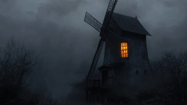 A creepy old windmill with glowing windows in a foggy, dark landscape