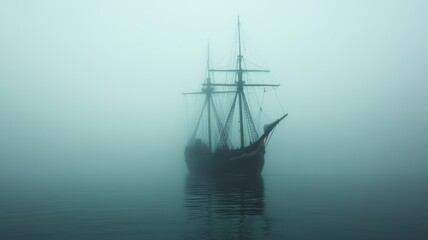 Ghost ship sailing through a foggy sea, eerie and mysterious.