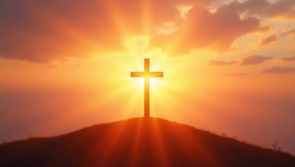 Fototapeta premium Radiant golden cross on hilltop at sunset glowing in divine light