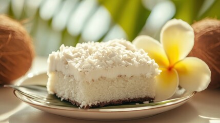 Coconut flakes on cake closeup view