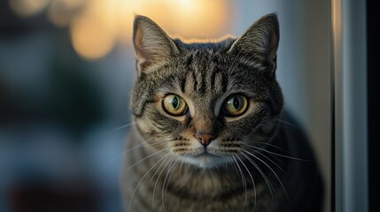 Obraz premium A close-up of a curious tabby cat with striking green eyes.
