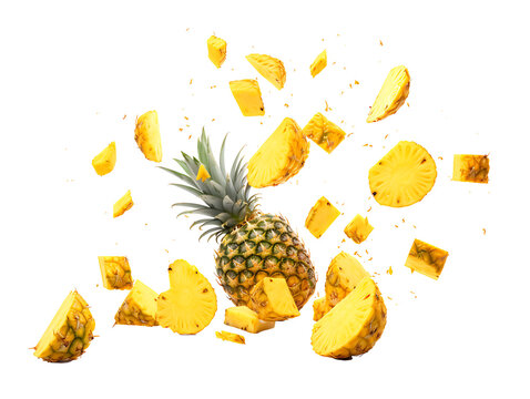 Falling Pineapple slices isolated on Transparent background, full depth of field, lipping path,pineapple in full depth of field, Falling candied fruit, Cut pineapple on transparent background, ring,Ai