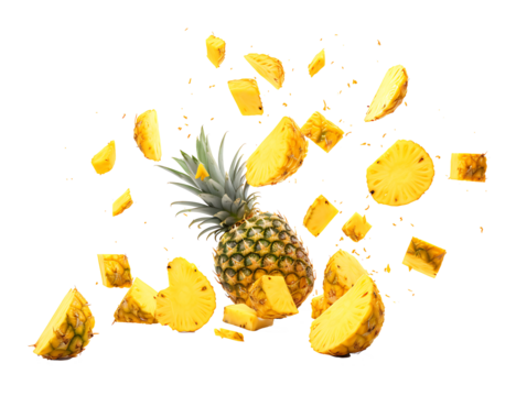 Falling Pineapple slices isolated on Transparent background, full depth of field, lipping path,pineapple in full depth of field, Falling candied fruit, Cut pineapple on transparent background, ring,Ai