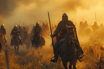 A medieval cavalry charge in golden light, set against a smoky battlefield at dusk with riders and soldiers on horseback