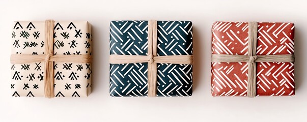 Three beautifully wrapped gift boxes in various patterns and colors ready for festive celebrations or special occasions.