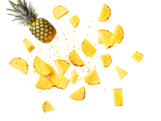Falling Pineapple slices isolated on Transparent background, full depth of field, lipping path,pineapple in full depth of field, Falling candied fruit, Cut pineapple on transparent background, ring,Ai