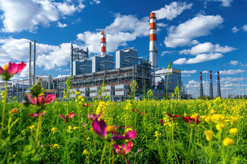 Obraz premium Modern gas power plant is generating electricity near a blooming summer meadow on a sunny day