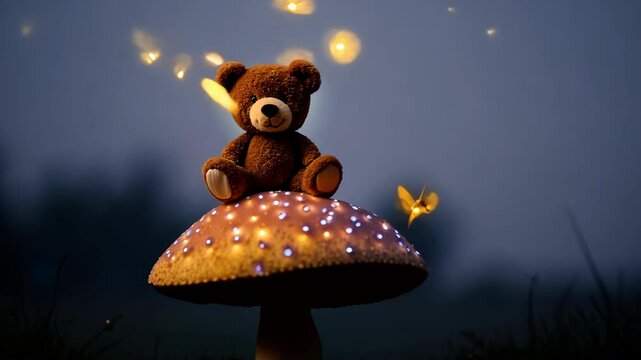 Teddy bear on mushroom surrounded by glowing fireflies at dusk