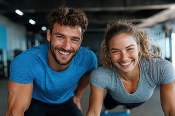 Fototapeta premium A health-conscious couple, smiling and enjoying their workout at a modern gym, highlights their shared journey towards fitness, health, and the joy of being together.
