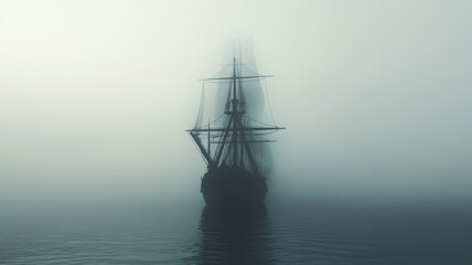 Fototapeta premium Haunted ship sailing through a foggy sea, eerie and mysterious