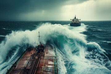 Oil tanker battles a storm at sea, waves crashing against its hull. The dramatic scene shows the energy of maritime transportation