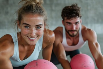 A fit couple in white athletic wear performs planks with pink medicine balls in a gym, focused on their workout, showcasing their strength, teamwork, and dedication to fitness.
