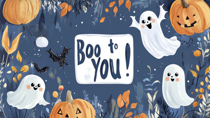 Boo to You Halloween ghosts with pumpkins