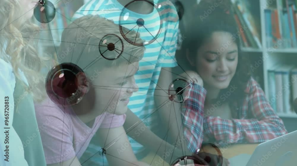 Poster animation of network of connections and data processing over diverse schoolchildren in classroom
