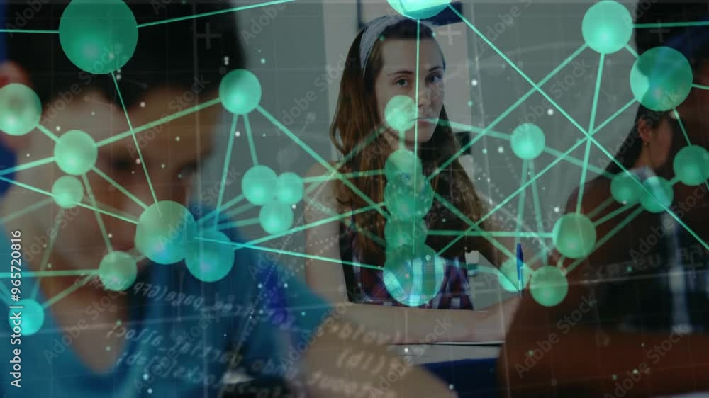 Poster animation of network of connections and data processing over diverse schoolchildren in classroom