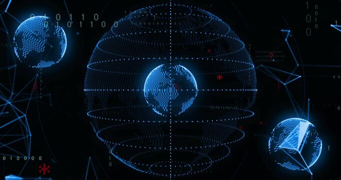 Animation of digital data processing and binary coding over globes
