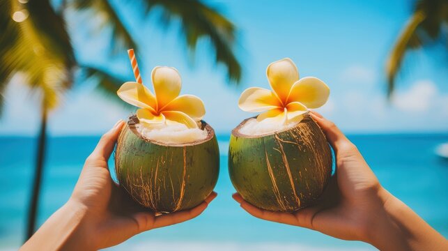 Tasty coconut drink with straw in hand in hot tropical summer