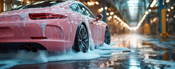 A pink car is being washed in the background of an industrial cleaning factory, with bubbles and foam around its wheels.