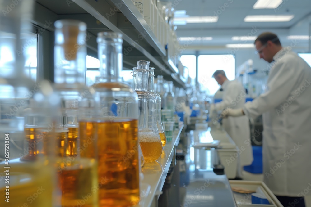 Poster glassware containing orange and yellow liquid is lined up on a laboratory shelf with scientists work