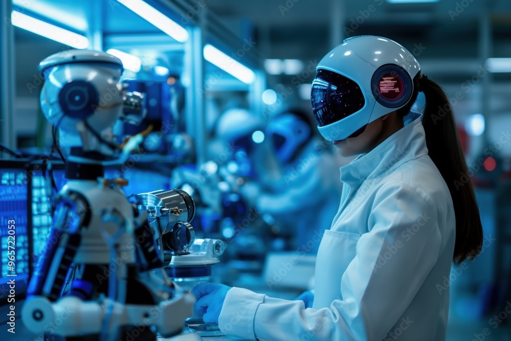 Poster scientist wearing a vr headset working in a high tech laboratory with humanoid robots assisting her