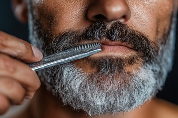 A close-up image showing a barber using a trimmer to carefully trim a man's beard, ensuring precision and a clean cut for the client.