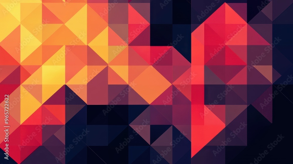 Poster vibrant abstract geometric pattern featuring overlapping triangles in warm tones of orange, red, and