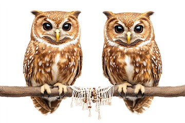 A pair of charming owls perched on a branch, showcasing their striking features and captivating eyes against a white background.