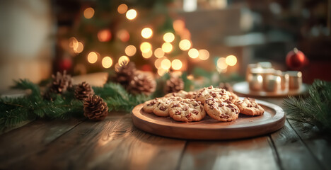 Freshly baked chocolate chip cookies laid out on a rustic wooden table next to a coffee cup and festive decorations, exuding warmth and holiday spirit.