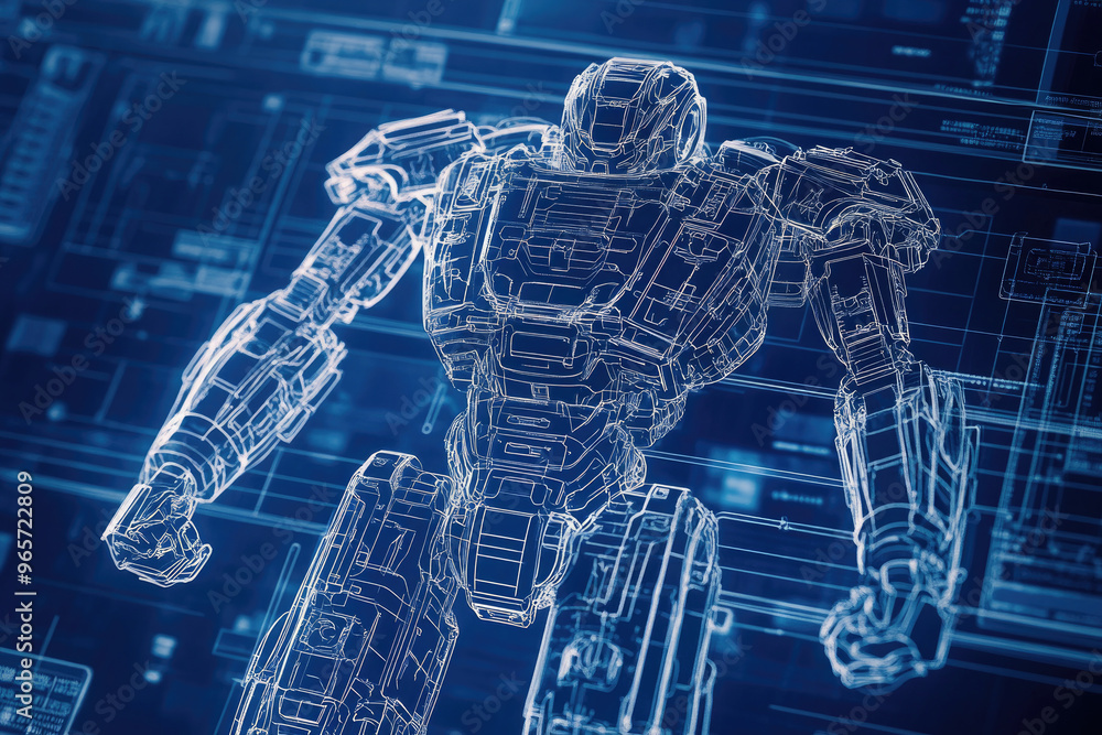 Poster a drawing of a robot filled with software code, indicating advanced technological development.